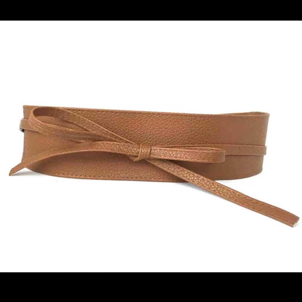 NEW PU faux leather camel brown tie wrap cinch waist belt B21